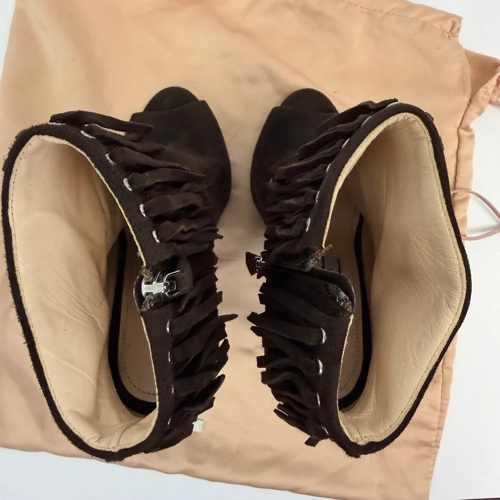 Prada Fringe Peep Toe Booties‎ Women's 35 Brown Suede Stiletto Ankle Heels